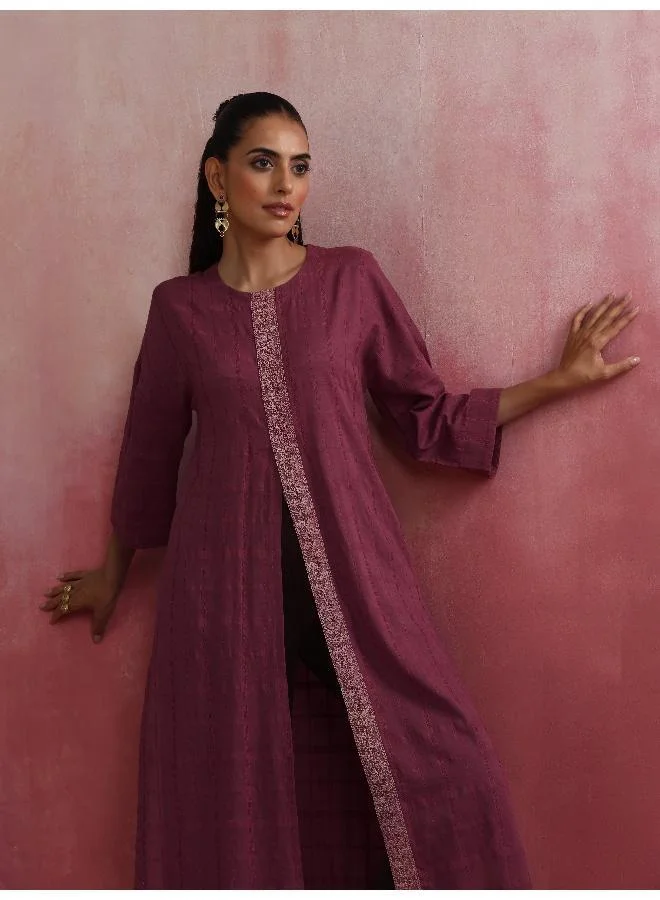 trueBrowns Mauve Cotton Dobby Front Slit Kurta Set