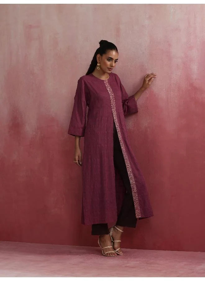 trueBrowns Mauve Cotton Dobby Front Slit Kurta Set