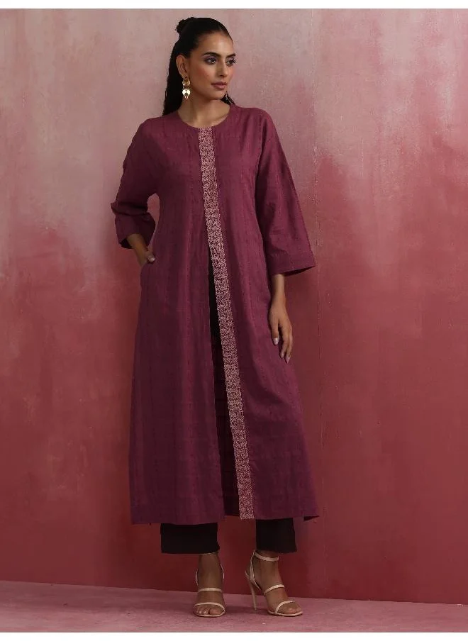 trueBrowns Mauve Cotton Dobby Front Slit Kurta Set