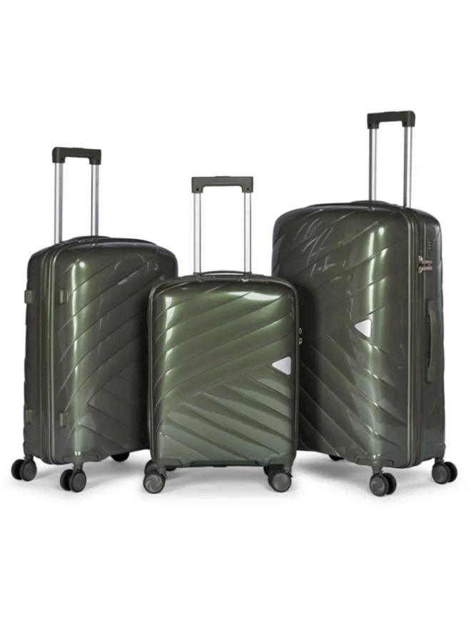 ليمرا طقم شنط سفر مكون من 3 حقائب أمتعة بعجلات و بتصميم صلب وقوي مصنوع من مادة البولي بوربلين لون اخضر غامق