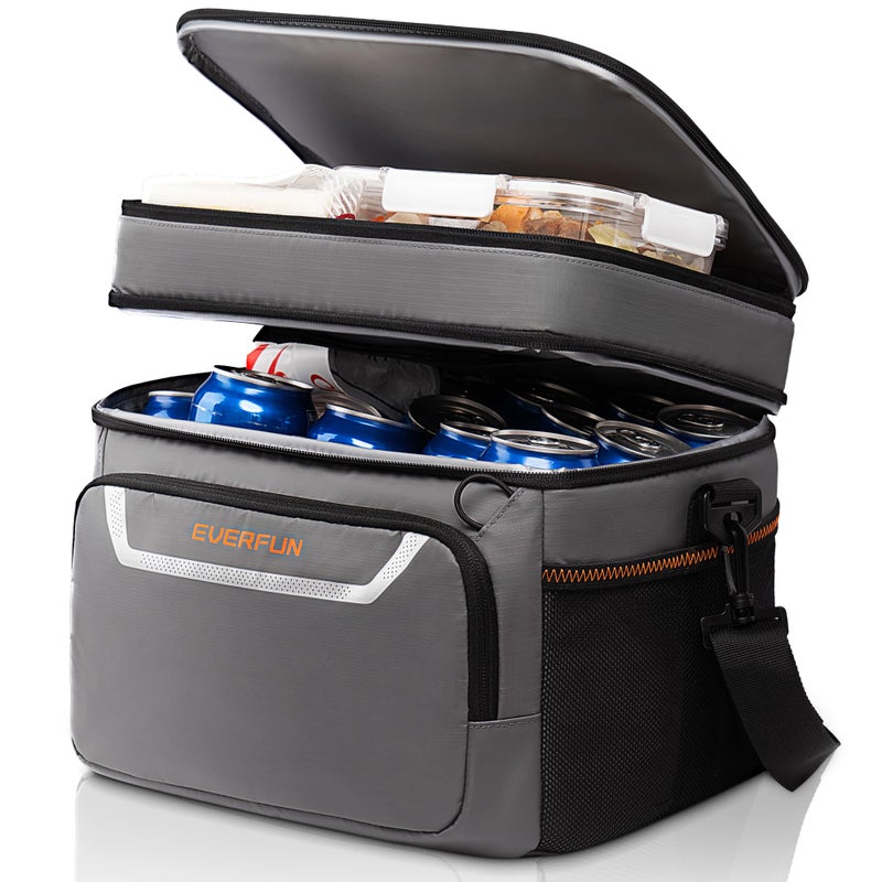 EVERFUN Small Lunch Box Insulated Cooler Bag Mini Cooler 24 Can Soft Sided Lunch Bag for Men Women Ice Chest Double Deck Portable Personal Collapsible Waterproof LeakProof for Work Travel Car Gray