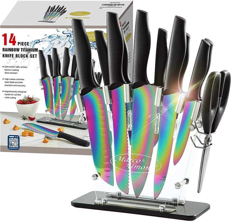 Marco Almond® Knife Block Set,14-Piece Rainbow Color Stainless Steel Knife Sets for Kitchen with block, KYA35 Chef Cooking Knives Set with Acrylic Stand - Image 1