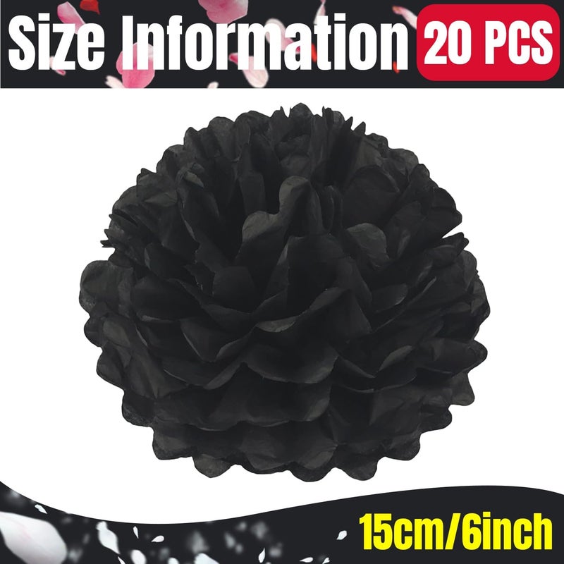 QIMAOO 20pcs Black Paper Pom Poms Decorations, DIY Decorative Tissue Paper Pom-poms Flowers Ball for Party Wedding Outdoor Decoration - Image 2