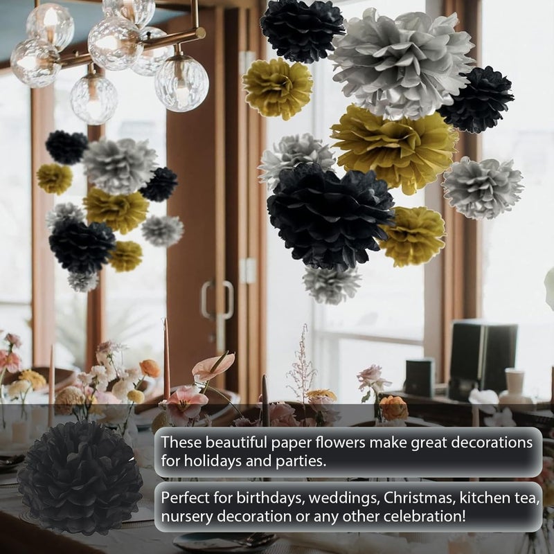 QIMAOO 20pcs Black Paper Pom Poms Decorations, DIY Decorative Tissue Paper Pom-poms Flowers Ball for Party Wedding Outdoor Decoration - Image 4