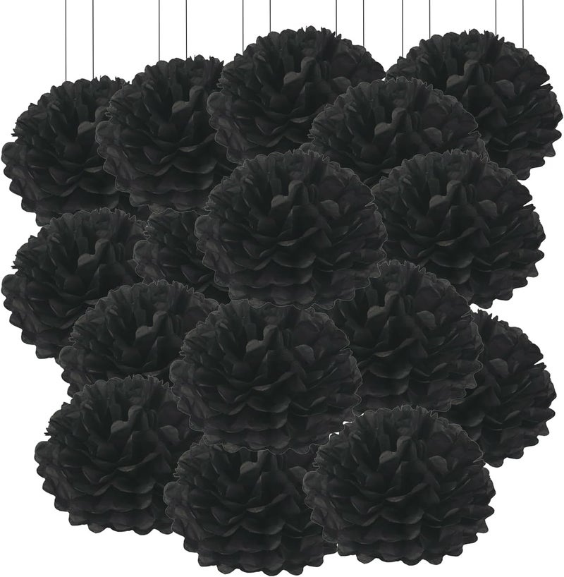 QIMAOO 20pcs Black Paper Pom Poms Decorations, DIY Decorative Tissue Paper Pom-poms Flowers Ball for Party Wedding Outdoor Decoration - Image 1