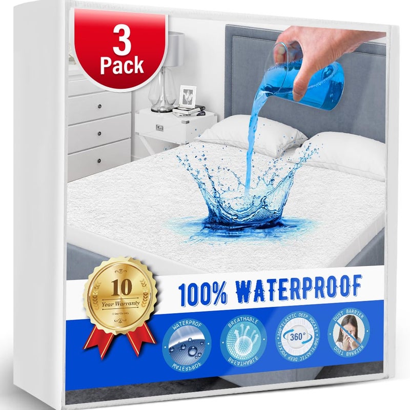 Artivestion 3 Pack Full Size Mattress Protector Waterproof Mattress Protector Full Mattress Pad Cover Noiseless  Soft Breathable Terry for Pets Kids Adults 54"" x 75""  - Image 1