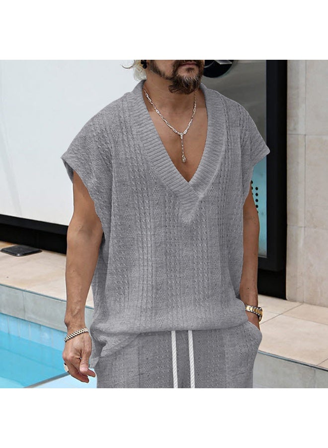 Men's Casual V-neck Loose Jacquard Knitwear Sleeveless Tank Top - Image 1