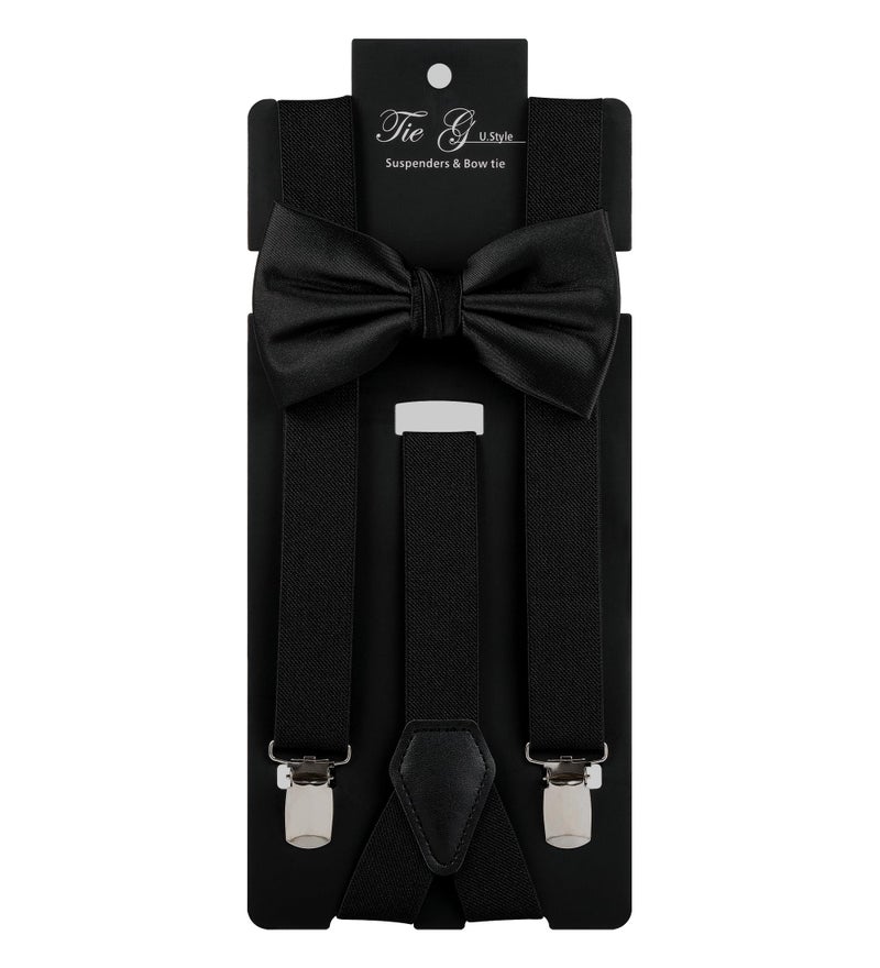 Tie G U Style TIE G Solid Color Men's Suspender + Woven Bow Tie Set for Wedding : Vivid Color, Adjustable Brace, Strong Enhanced Clip, Elastic Band (Black) - Image 2