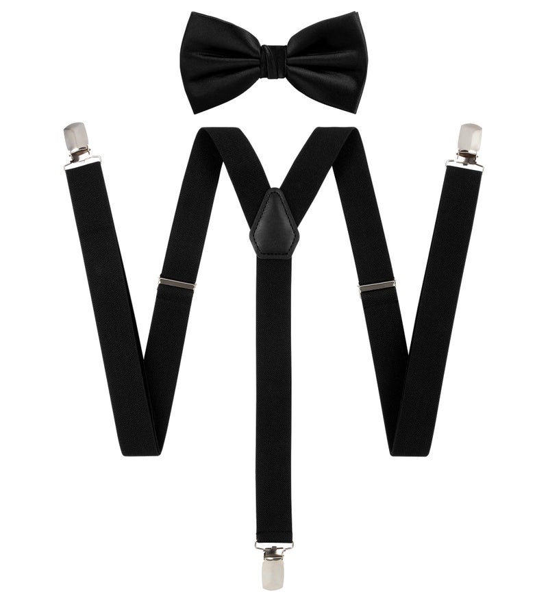 Tie G U Style TIE G Solid Color Men's Suspender + Woven Bow Tie Set for Wedding : Vivid Color, Adjustable Brace, Strong Enhanced Clip, Elastic Band (Black) - Image 1