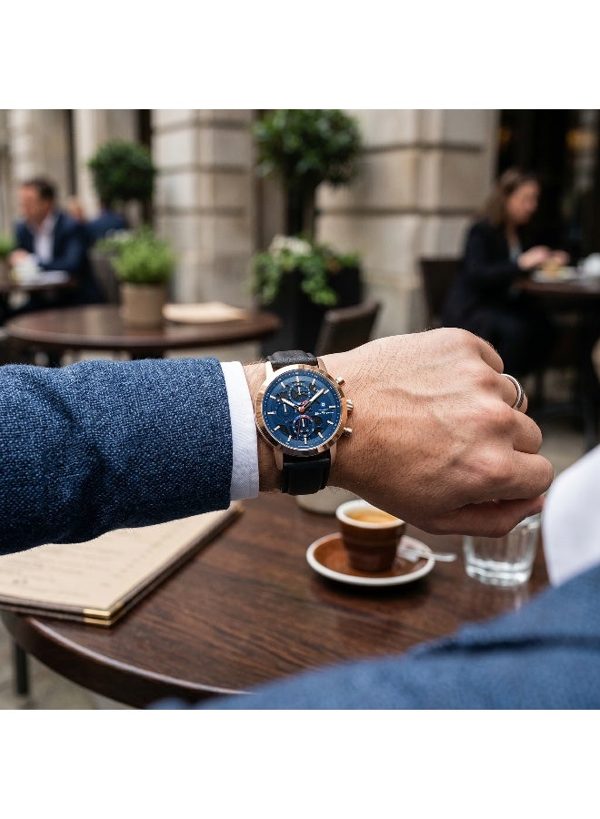 Ben Sherman Nottingham Blue Dial Rose Gold Genuine Leather Strap Chronograph Watch for Men, 44mm - Image 5
