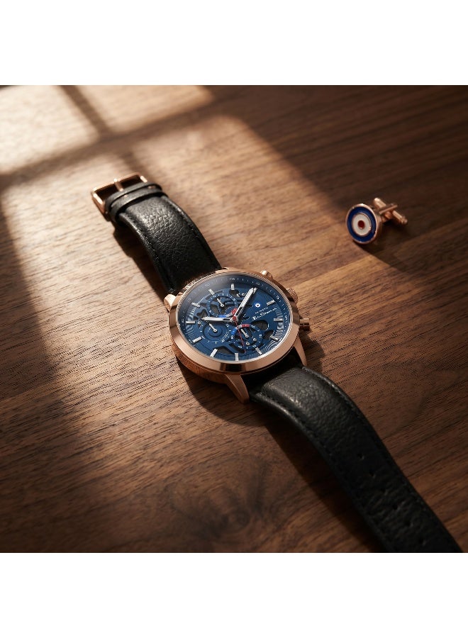Ben Sherman Nottingham Blue Dial Rose Gold Genuine Leather Strap Chronograph Watch for Men, 44mm - Image 4
