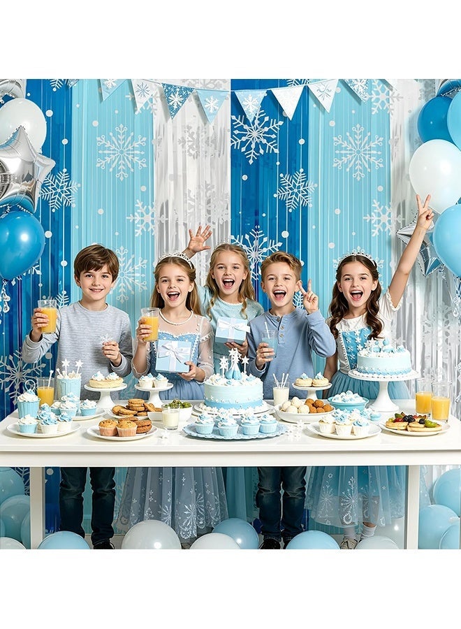 Wffo 2 Pack Snowflake Tinsel Curtain Backdrop, 3.3 x 6.6 Ft Blue & Silver Foil Fringe Curtains for Winter, Frozen Theme Birthday Party Decorations, Ice Blue Streamers Photo Booth Props（3 Colors） - Image 5