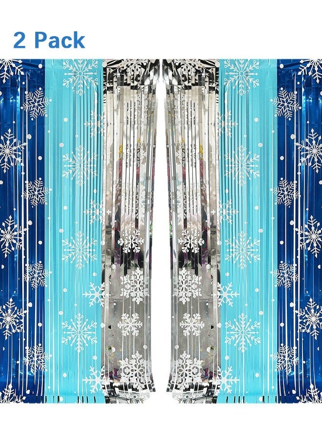Wffo 2 Pack Snowflake Tinsel Curtain Backdrop, 3.3 x 6.6 Ft Blue & Silver Foil Fringe Curtains for Winter, Frozen Theme Birthday Party Decorations, Ice Blue Streamers Photo Booth Props（3 Colors） - Image 1