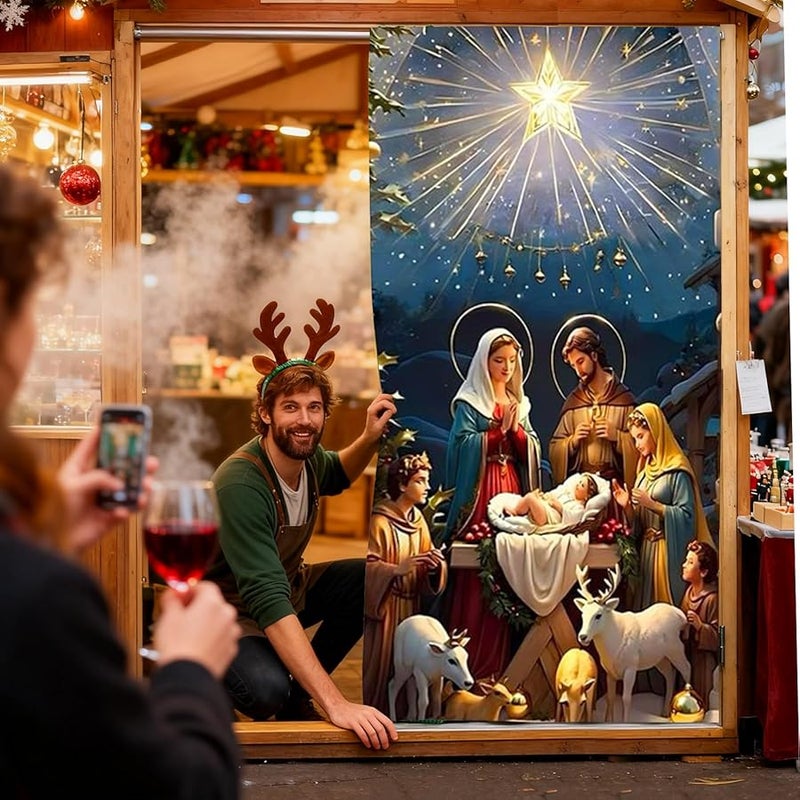 Christmas Nativity Scene Door Cover Outdoor Fabric Home Decor Color B - Image 3