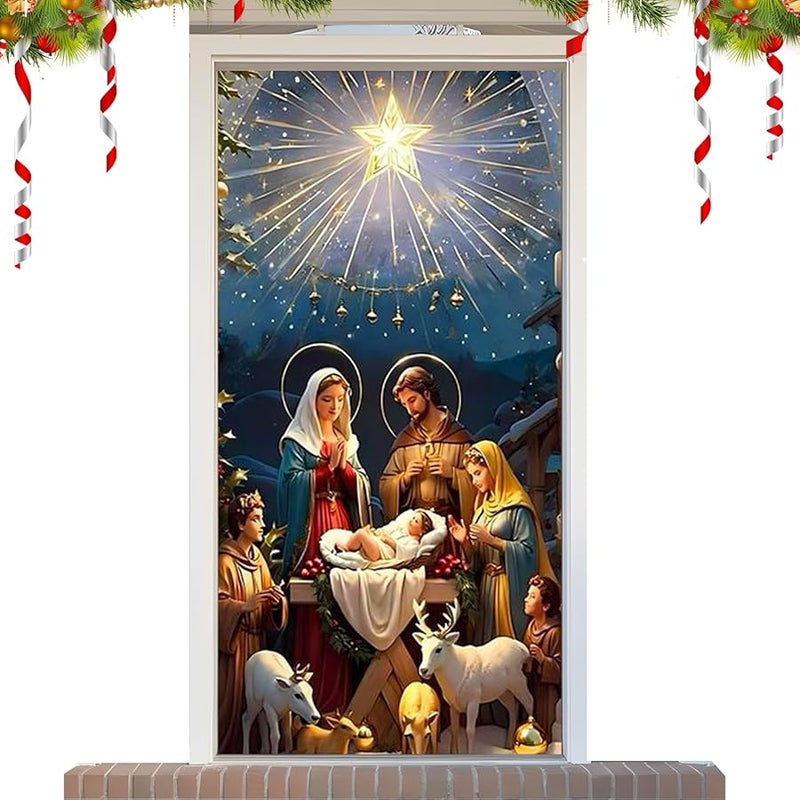 Christmas Nativity Scene Door Cover Outdoor Fabric Home Decor Color B - Image 1