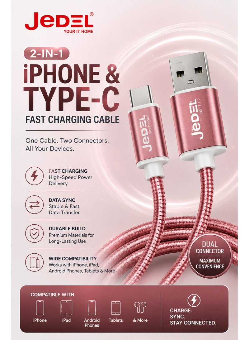 جي ديل كابل شحن سريع 2 في 1 لأجهزة iPhone وUSB Type-C | سلك شحن Lightning وUSB-C مع مزامنة بيانات عالية السرعة لأجهزة iPhone وiPad وأجهزة Android - Image 1