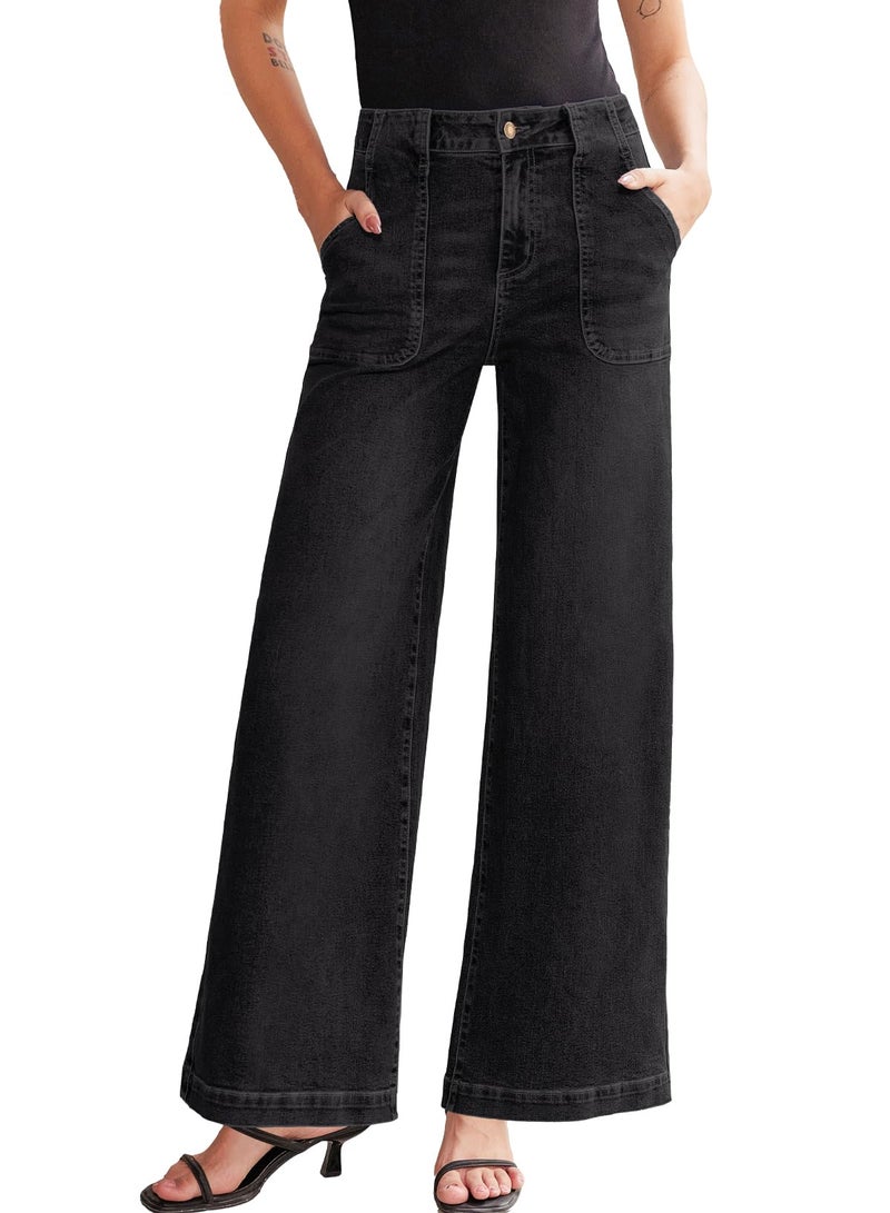 Sidefeel Womens Wide Leg Jeans High Waisted Stretchy Straight Leg Baggy Denim Pants with Pockets Black Size 6 - Image 1