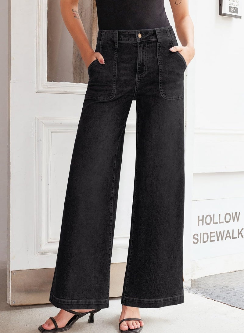 Sidefeel Womens Wide Leg Jeans High Waisted Stretchy Straight Leg Baggy Denim Pants with Pockets Black Size 6 - Image 3