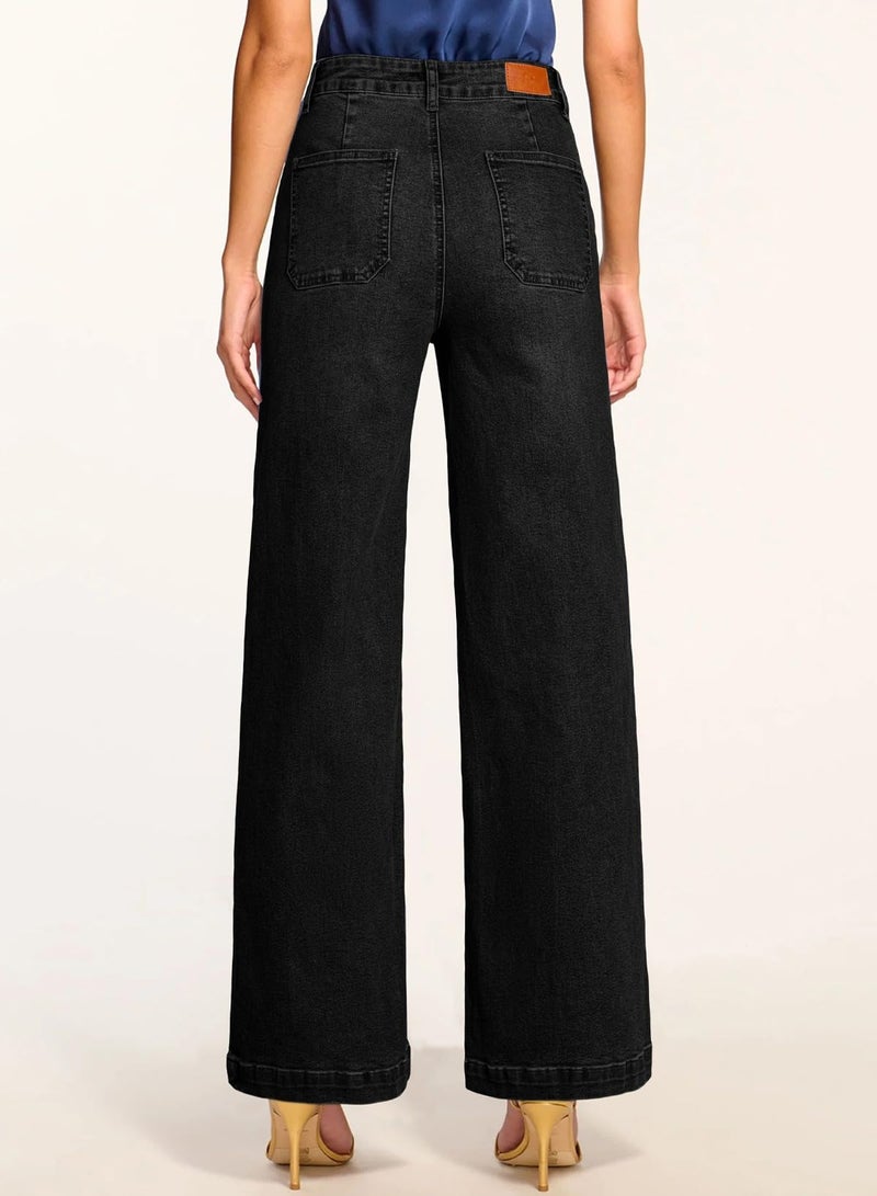 Sidefeel Womens Wide Leg Jeans High Waisted Stretchy Straight Leg Baggy Denim Pants with Pockets Black Size 6 - Image 2