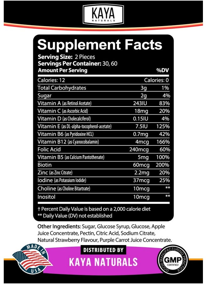 Kaya Naturals - Adult Multi Vitamin Gummy Biotin Vitamin A C & E Including Zinc &Vitamin B12 Folic Acid Strawberry Flavor ; Glutenfree Multivitamins Sweet Adult Gummies 60 Gummies - Image 1