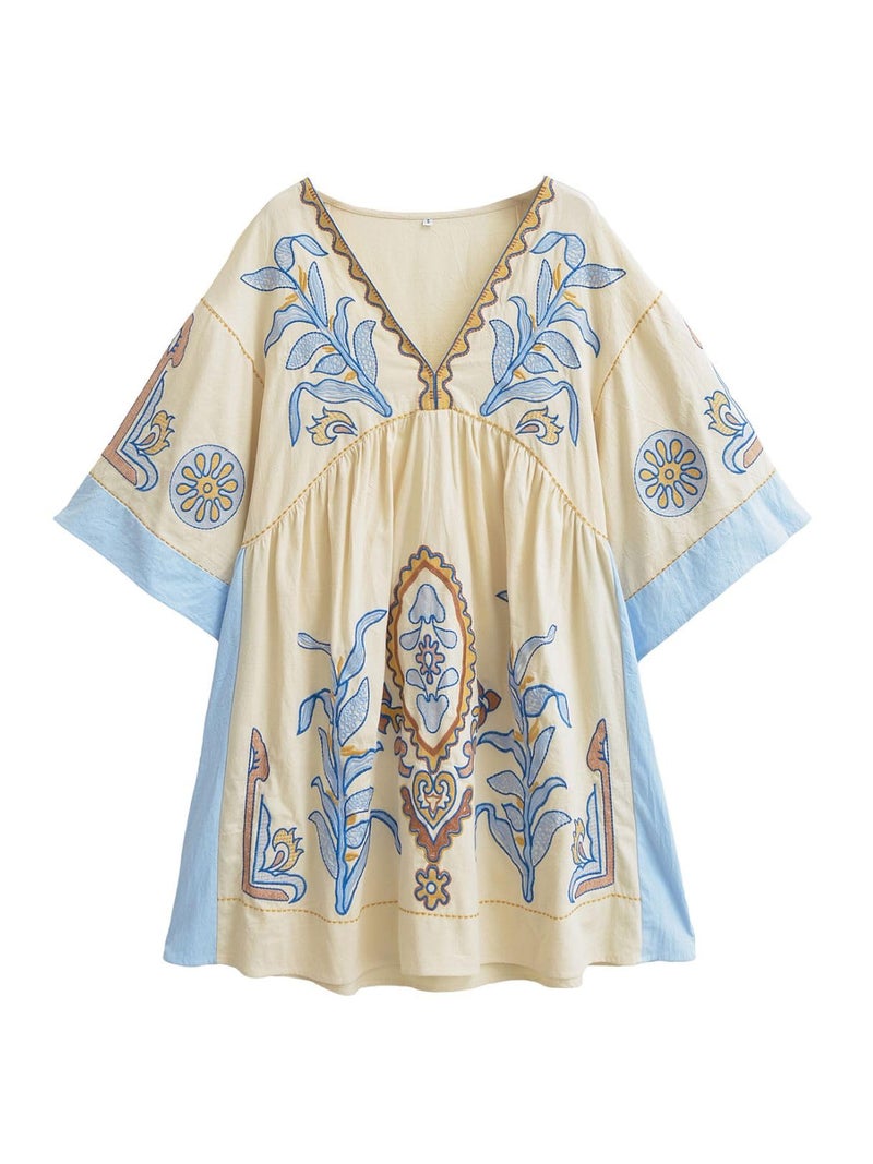 Joiemont Womens Oversized Embroidered Dress with V-Neck and 3/4 Sleeves Vintage Embroidery Babydoll Dress(0603-LightBlue-XS) - Image 1