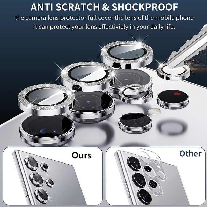 جابي Glitter Camera Lens Protector for Galaxy S24 Ultra, Aluminum Alloy Ring Tempered Glass Lens Protector Anti Scratch Decorative Camera Cover Fits for Galaxy S24 Ultra Glitter Silver - Image 3
