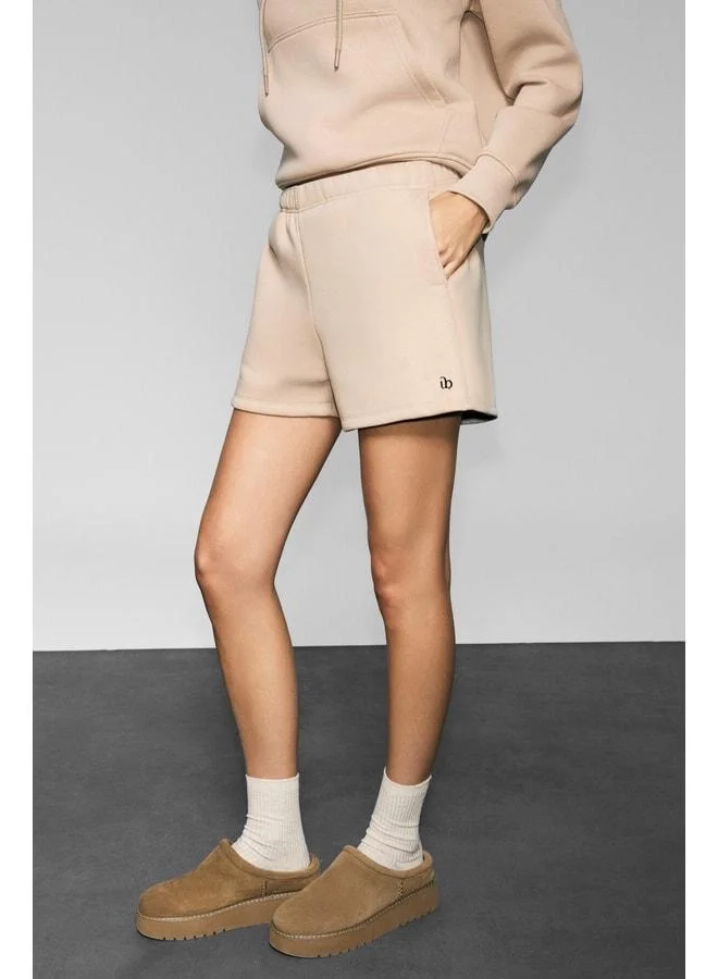 Urban Beat  EFSEY Women's Fleece-Lined Soft Fabric Shorts with Double Pockets and Print Detail in Taupe for Women | Best Price UAE