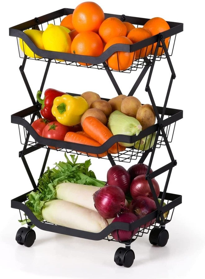 CBEX Collapsible Fruit Vegetable Storage Basket, 3 Tier Stackable Kitchen Baskets Fruit and Vegetable Stand Rack with Wheels, Storage Cart for Kitchen Pantry Closet - Image 4