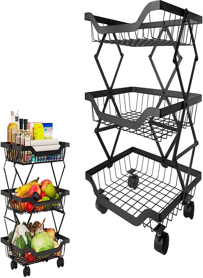 CBEX Collapsible Fruit Vegetable Storage Basket, 3 Tier Stackable Kitchen Baskets Fruit and Vegetable Stand Rack with Wheels, Storage Cart for Kitchen Pantry Closet - Image 1