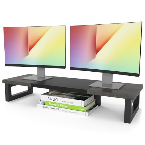 WESTREE Dual Monitor Stand Riser, Wood and Steel Monitor Stand Riser, Computer Monitor Stand for 2 Monitors, Multi-Purpose Desktop Storage Stand for Computer,Laptop,Printer,TV - Image 1