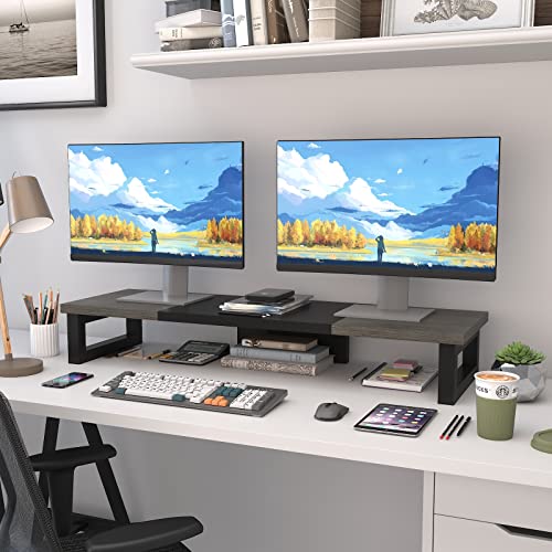 WESTREE Dual Monitor Stand Riser, Wood and Steel Monitor Stand Riser, Computer Monitor Stand for 2 Monitors, Multi-Purpose Desktop Storage Stand for Computer,Laptop,Printer,TV - Image 2