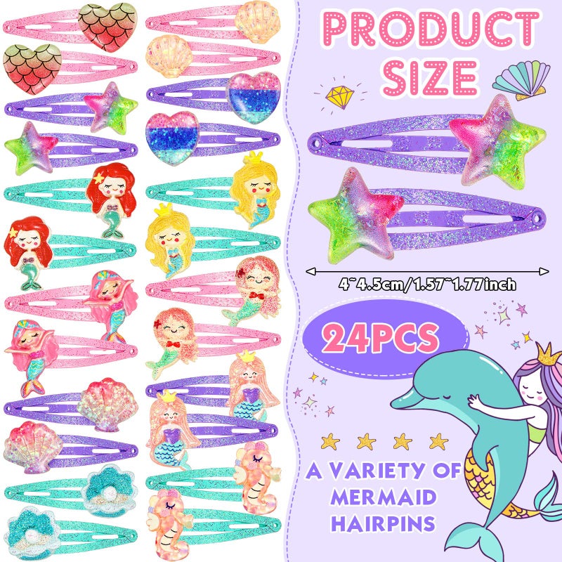 Hanaive 24 Pcs Rainbow Unicorn Clips Metal Clips Butterfly Snap Barrettes Cute Mermaid Hair Pins Sparkly Animal Hair Accessories for Toddlers Little Girls Birthday Party Gifts(Mermaid Pattern) - Image 2