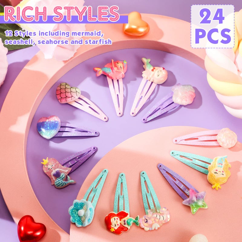 Hanaive 24 Pcs Rainbow Unicorn Clips Metal Clips Butterfly Snap Barrettes Cute Mermaid Hair Pins Sparkly Animal Hair Accessories for Toddlers Little Girls Birthday Party Gifts(Mermaid Pattern) - Image 3