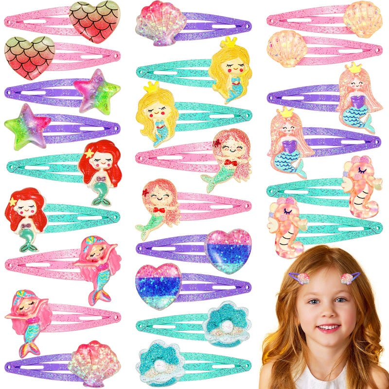 Hanaive 24 Pcs Rainbow Unicorn Clips Metal Clips Butterfly Snap Barrettes Cute Mermaid Hair Pins Sparkly Animal Hair Accessories for Toddlers Little Girls Birthday Party Gifts(Mermaid Pattern) - Image 1