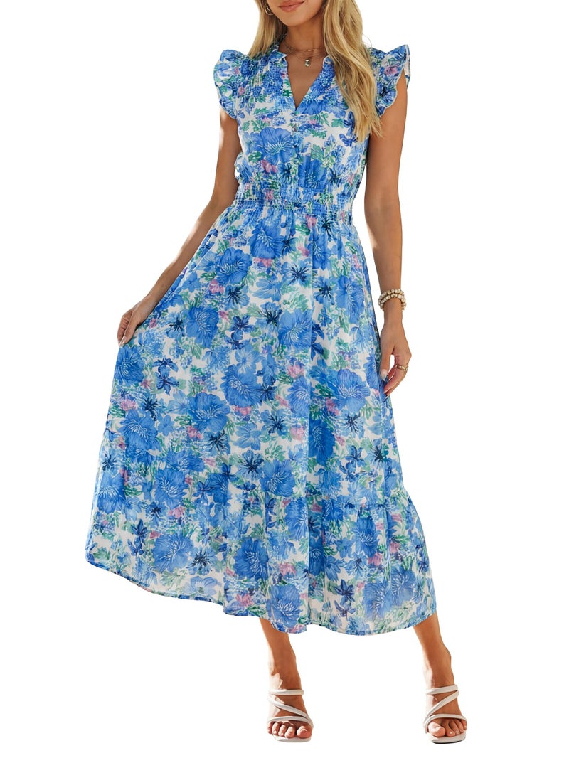 Simplee Apparel Simplee Womens Summer Floral Maxi Dress 2026 Summer Cap Sleeve Smocked Work Dress Ruffle A Line Long Flowy Wedding Guest Dress (Blue Floral M) - Image 1