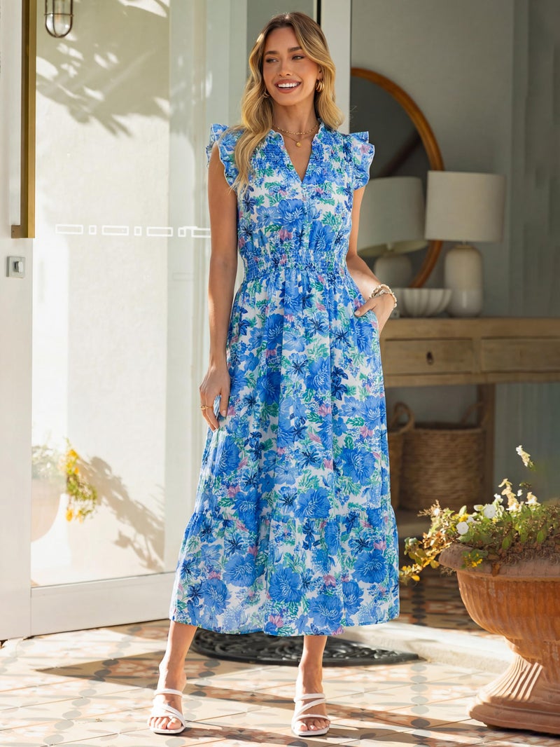 Simplee Apparel Simplee Womens Summer Floral Maxi Dress 2026 Summer Cap Sleeve Smocked Work Dress Ruffle A Line Long Flowy Wedding Guest Dress (Blue Floral M) - Image 3