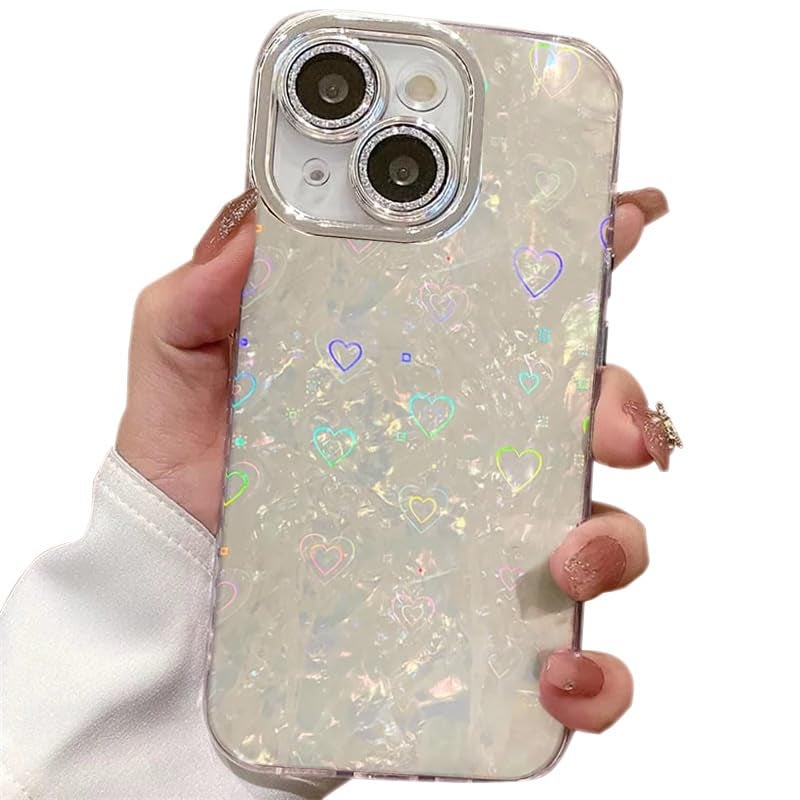 Mobistyle PC + Silicone Designed For iPhone 14 | Camera Lens Protection |Heart Pattern Print Design For Women Teen Girls Phone Back Cover Case (Heart White) - Image 1