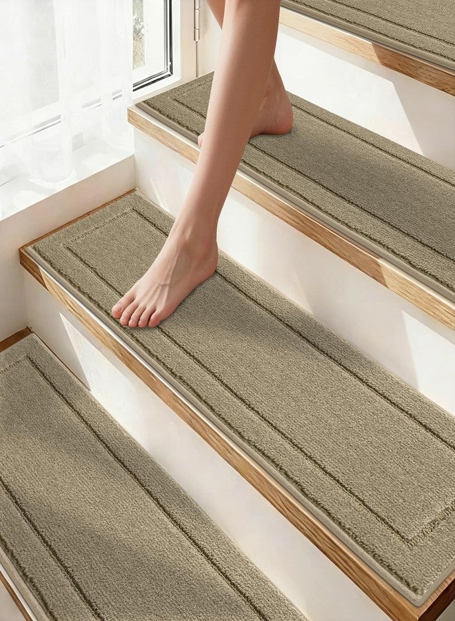 JSEI Non-Slip Stair Treads for Wooden Steps Indoor, 15 Pack 8" X 30" Edging Stair Rugs with TPE Backing, 0.4" Thick Carpet Stair Treads for Kids Elders & Pets, 100% Polyester Soft Stair Runners, Beige - Image 1