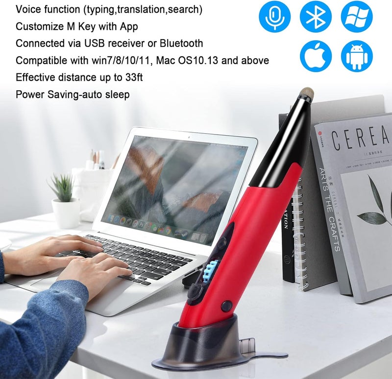 lychee Optical Pocket Pen Mouse with Voice Control and Bluetooth Function, Wireless Handwriting Mini Mice for PC Laptop Notebook Computer(Red) - Image 2