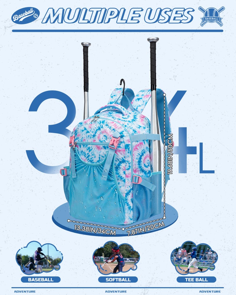 FOKDUVB Baseball Softball Backpack for Kids Boys Girls 6-8 8-12 12-14 Large Youth Bat Bag for Gear Storage Baseball Softball Tball Equipment Back Pack with Separate Shoe Bag (Blue/Pink, Tie-Dye) - Image 5