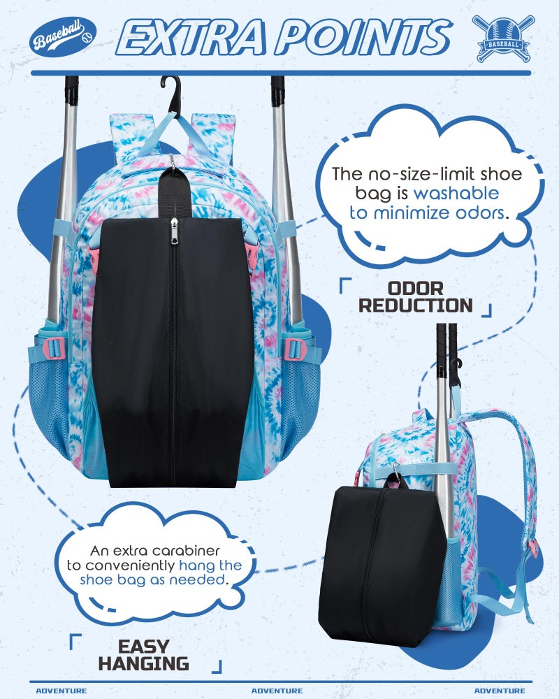 FOKDUVB Baseball Softball Backpack for Kids Boys Girls 6-8 8-12 12-14 Large Youth Bat Bag for Gear Storage Baseball Softball Tball Equipment Back Pack with Separate Shoe Bag (Blue/Pink, Tie-Dye) - Image 4