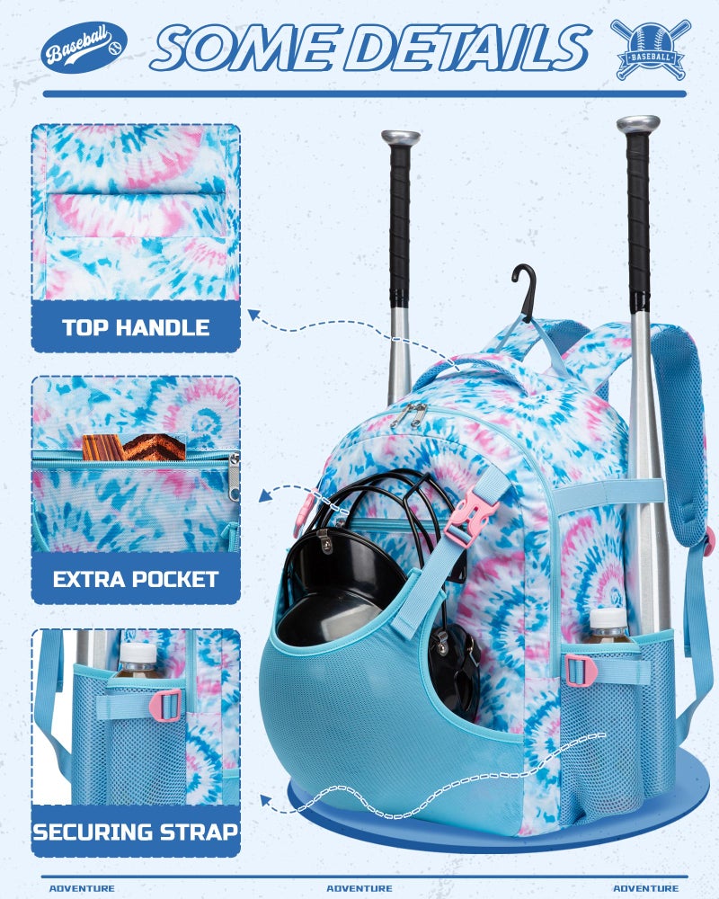 FOKDUVB Baseball Softball Backpack for Kids Boys Girls 6-8 8-12 12-14 Large Youth Bat Bag for Gear Storage Baseball Softball Tball Equipment Back Pack with Separate Shoe Bag (Blue/Pink, Tie-Dye) - Image 3