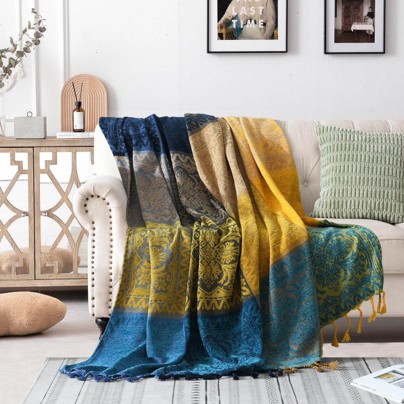 Edcooy Bohemian Throw Blanket for CouchColorfulChenille Tassels Boho Woven Hippie Throw Blanketsfor Couch Bed Sofa Chair Recliner Loveseat Bohemian Fringe Tassels Decor HomeBlue S60x75