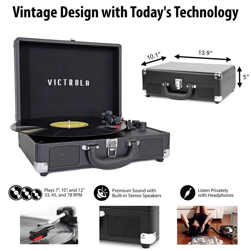 Victrola Vintage 3-Speed Bluetooth Portable Suitcase Record Player with Built-in Speakers | Upgraded Turntable Audio Sound| Includes Extra Stylus | Mint (VSC-550BT-HOM) - Image 4