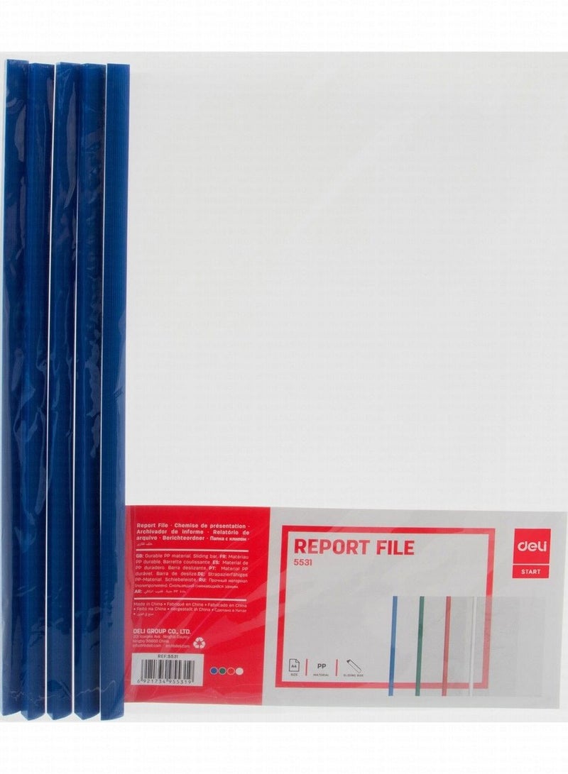 Deli ملف تقرير شفاف بشريط منزلق مكون من 5 قطع مع عمود فقري أزرق