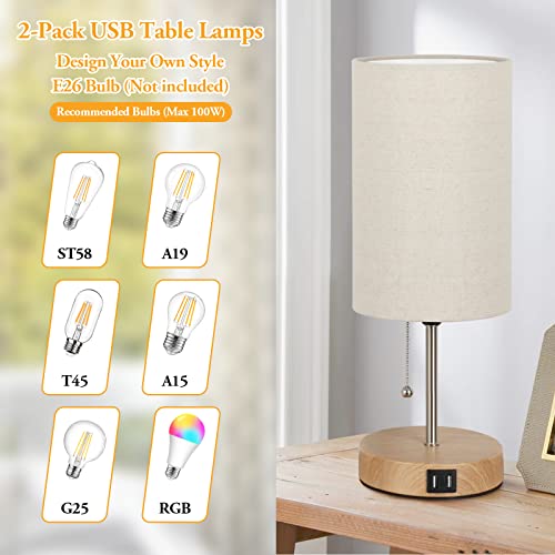 Lakumu Set of 2 Table Lamps with 2 USB Ports, Modern Bedside, Desk Lamps with Pull Chain, Nightstand Lamps with Cream Fabric Shade and Oak Metal Base for Living Room Bedroom Office Reading Dorm Hotel - Image 4