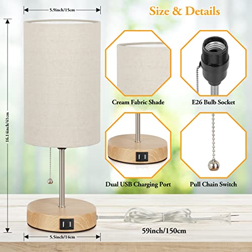 Lakumu Set of 2 Table Lamps with 2 USB Ports, Modern Bedside, Desk Lamps with Pull Chain, Nightstand Lamps with Cream Fabric Shade and Oak Metal Base for Living Room Bedroom Office Reading Dorm Hotel - Image 5