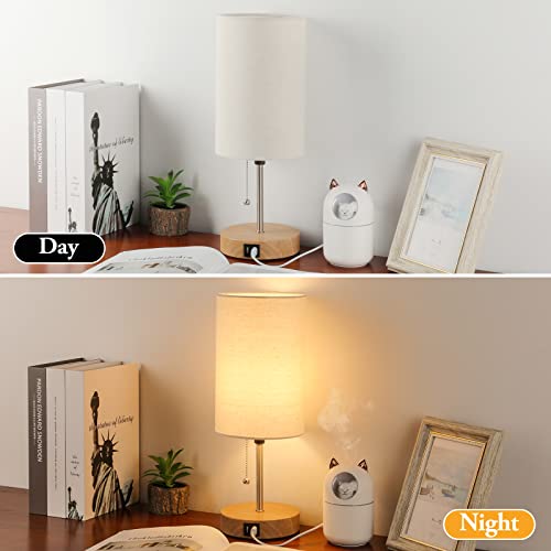 Lakumu Set of 2 Table Lamps with 2 USB Ports, Modern Bedside, Desk Lamps with Pull Chain, Nightstand Lamps with Cream Fabric Shade and Oak Metal Base for Living Room Bedroom Office Reading Dorm Hotel - Image 3
