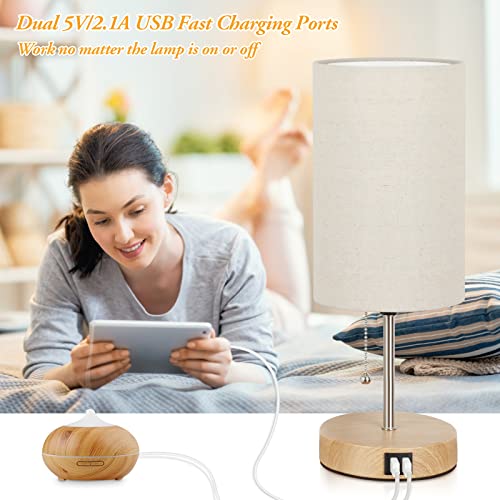 Lakumu Set of 2 Table Lamps with 2 USB Ports, Modern Bedside, Desk Lamps with Pull Chain, Nightstand Lamps with Cream Fabric Shade and Oak Metal Base for Living Room Bedroom Office Reading Dorm Hotel - Image 2