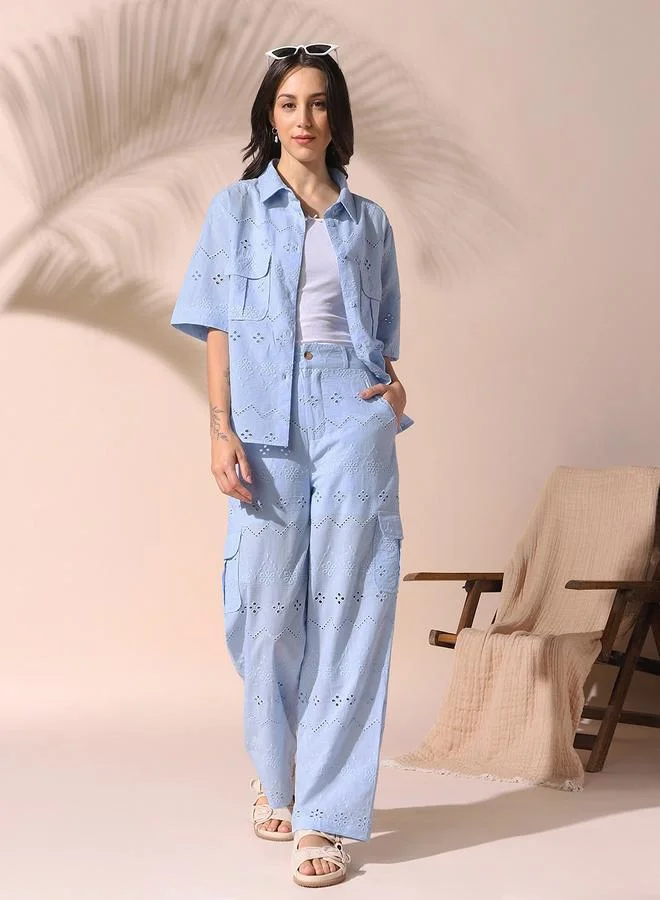 Women'S Sky Blue Cotton Blend Embroidered Button Down Full Length Casual Relaxed Co Ords